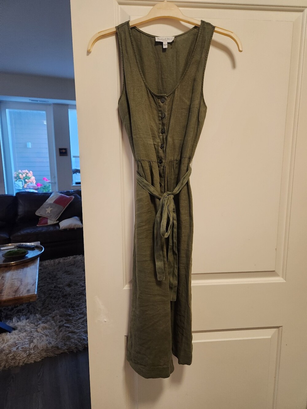 Michael Stars Sleeveless Olive Green Button-Front Midi Dress with Waist Tie
